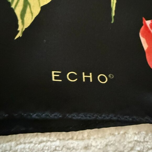 Echo Black Silk Scarf Pink Floral Print Neck Headband Ponytail Bow Bag Accessory - Picture 6 of 11